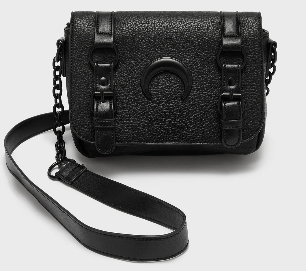 Black handbag with chain detail on a light gray background