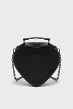 Load image into Gallery viewer, Black heart-shaped handbag with chain detail on a light gray background
