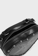 Load image into Gallery viewer, Black leather bag with silver studs on a light gray background
