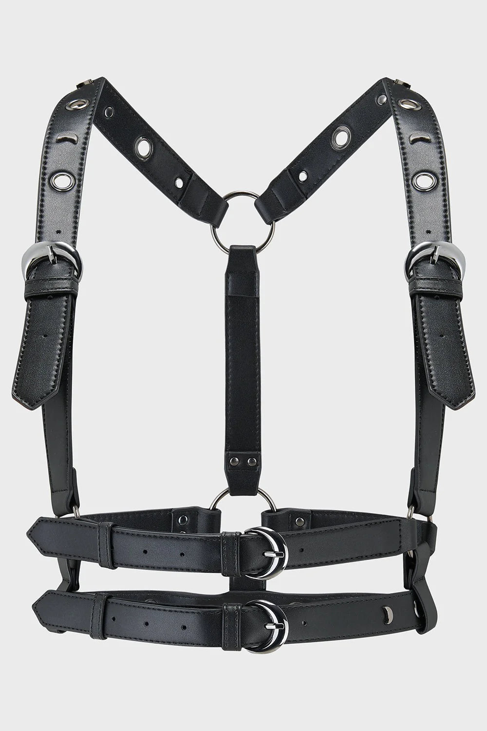 Black vegan leather harness on a white background