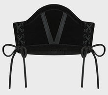 Load image into Gallery viewer, Black leather corset with lace-up details on a white background
