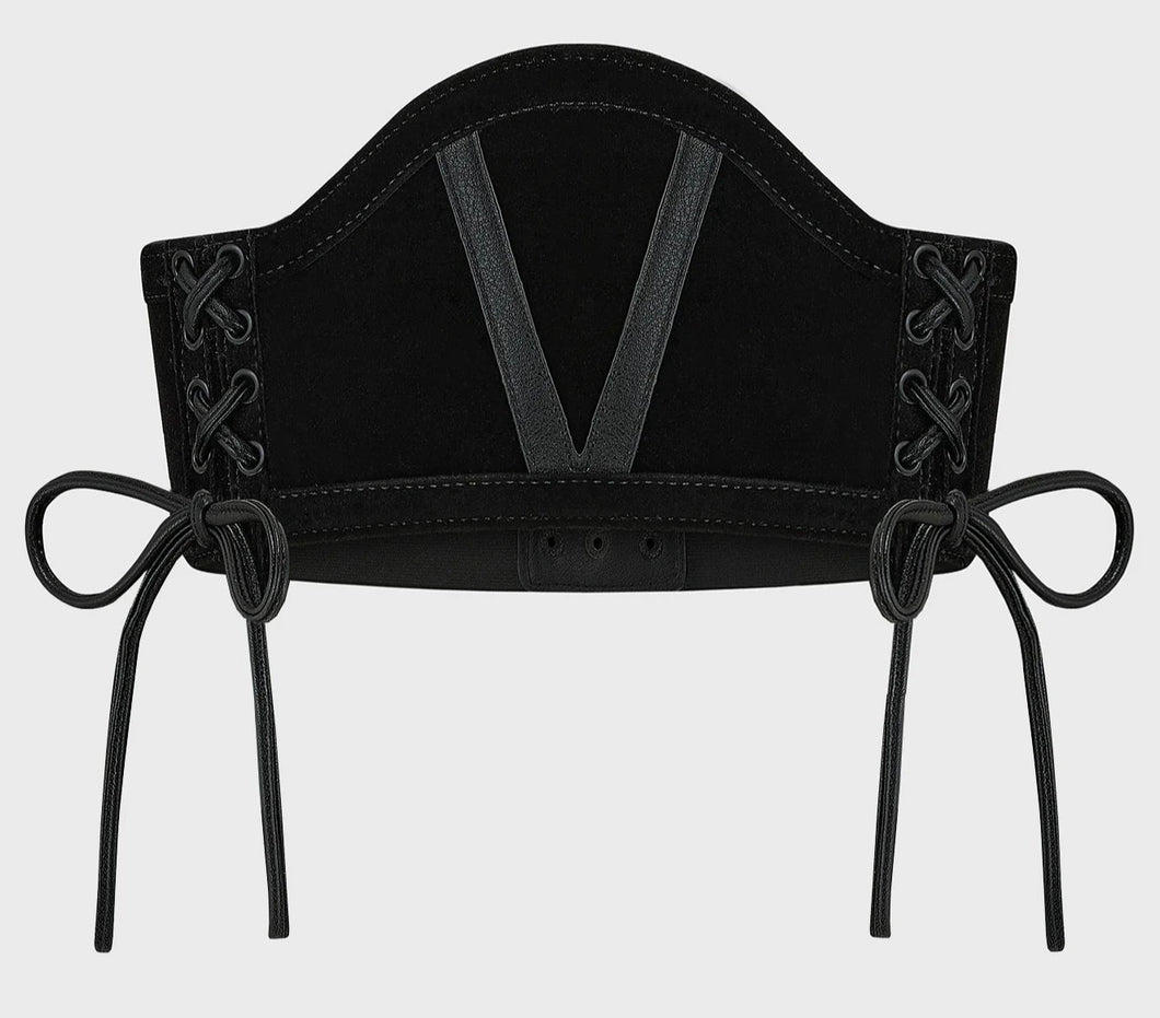 Black leather corset with lace-up details on a white background