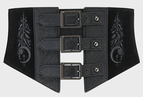 Black corset belt with decorative elements on a light gray background