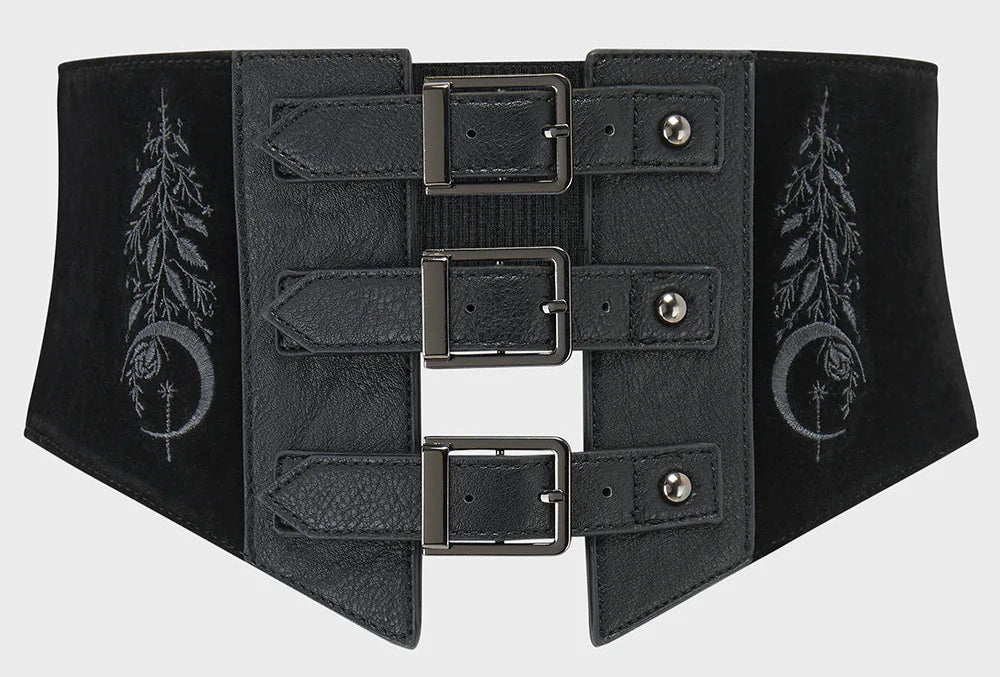 Black corset belt with decorative elements on a light gray background