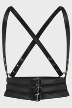 Load image into Gallery viewer, Black leather harness with straps on a light gray background
