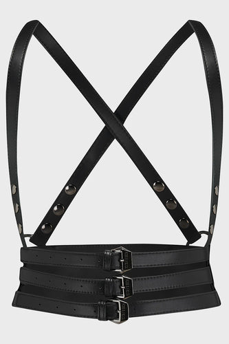 Black leather harness with straps on a light gray background