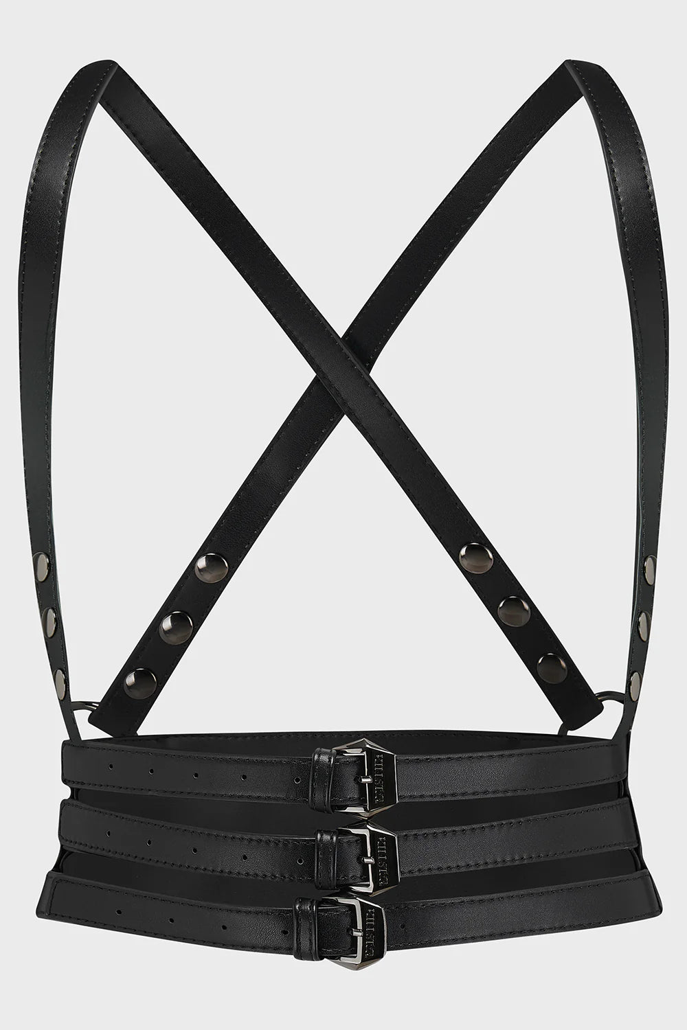 Black leather harness with straps on a light gray background