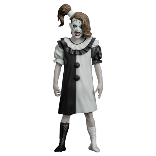 Figure in a clown costume with black and white dress on a white background