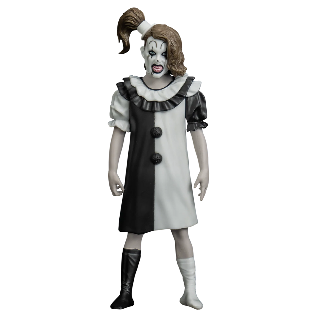 Figure in a clown costume with black and white dress on a white background