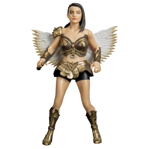 Action figure with angelic costume and wings on a white background