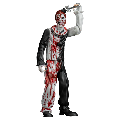 Action figure of a clown with bloodstains holding an axe on a white background