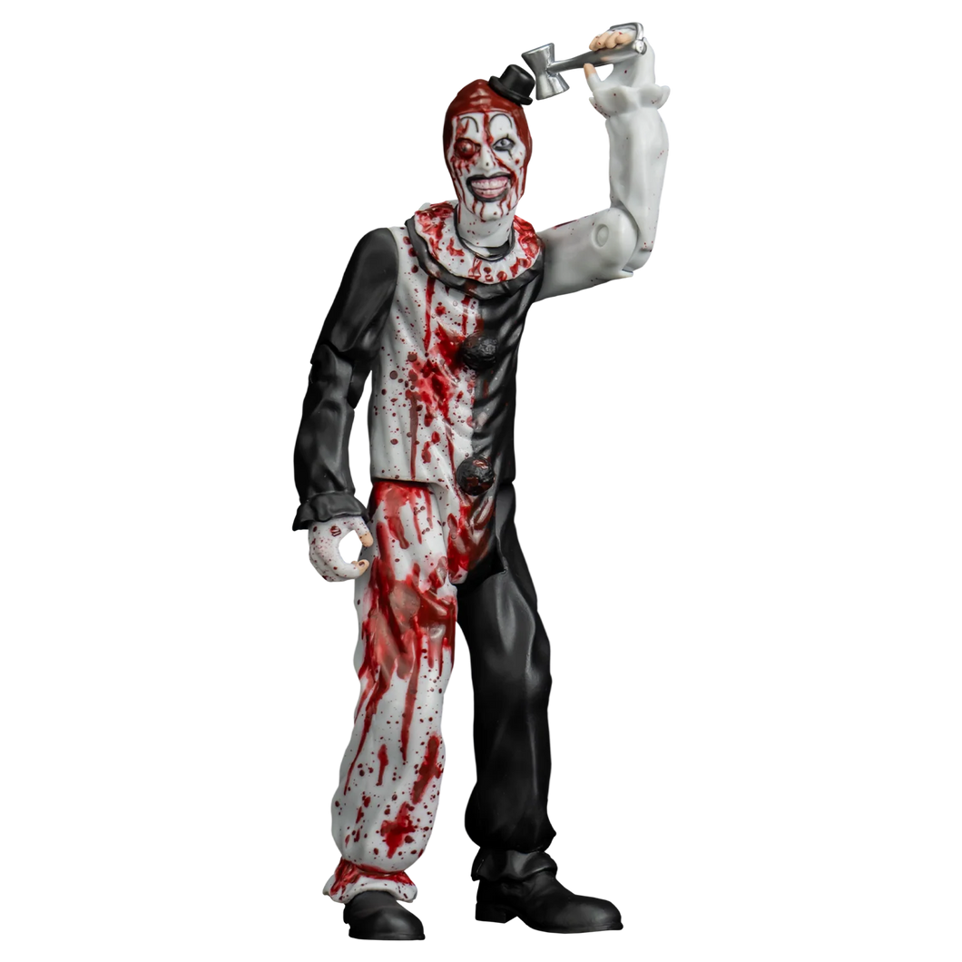 Action figure of a clown with bloodstains holding an axe on a white background