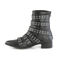 Load image into Gallery viewer, Black ankle boot with silver eyelets on a white background
