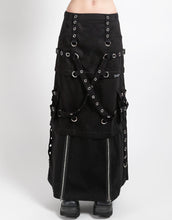 Load image into Gallery viewer, Black gothic-style skirt with grommets and straps on a white background
