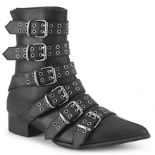Load image into Gallery viewer, Black leather boots with multiple buckles on a white background

