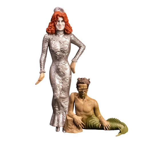 Two figurines, one in a silver dress and the other in a mermaid costume, on a white background