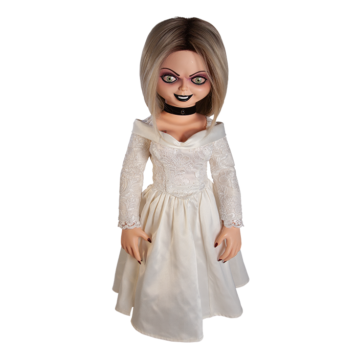 Doll is clothed with a white long sleeve wedding dress and black choker accessory. Has tattoo on right breast of a red heart with a dagger stabbed in it and the text 