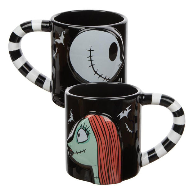 Black mugs (set of 2). One mug has Jack Skellington from a side profile and one mug has Sally from a side profile. Handles are black and white striped. Back of mugs have tombstones that read 