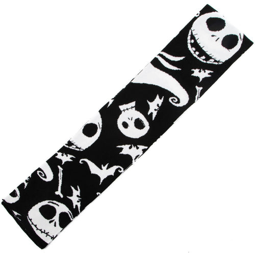 Black and white jacquard knit scarf with Jack Skellington, Zero, Bones and Bats all over print.