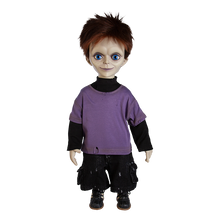Load image into Gallery viewer, Doll is clothed with black jeans, long sleeve black shirt with short sleeve purple shirt layered over top and black shoes with white side stripes.
