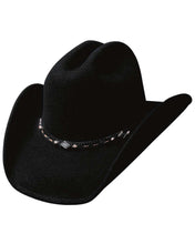 Load image into Gallery viewer, Black felt cowboy hat with leather band design around base of hat with diamond shaped silver emblem on front
