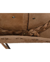 Load image into Gallery viewer, Real brown leather cowboy hat, braided leather around base, has adjustable chin strap
