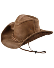 Load image into Gallery viewer, Real brown leather cowboy hat, braided leather around base, has adjustable chin strap
