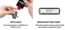 Load image into Gallery viewer, On the left, picture shows how to refill the lighter. On the right, picture shows official zippo stamp on bottom of zippo
