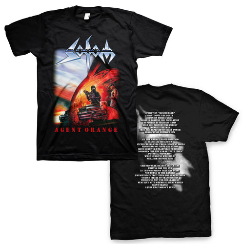 Black unisex Sodom shirt with logo on top, Agent Orange album cover art in center, and text on bottom that reads 