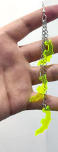 Load image into Gallery viewer, Three silver zinc alloy chains hanging from hook stud. Chains hang at different lengths with an acrylic green see-through bat hanging from each chain.
