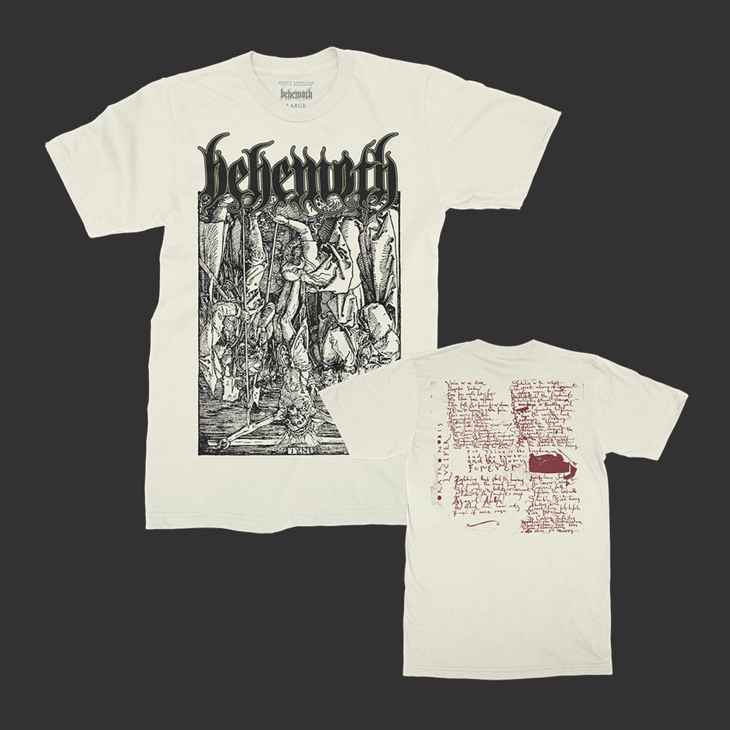 Natural white Behemoth shirt with logo on the top, Jesus on the cross artwork on the front center, and text on the back.