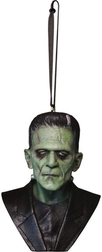 frankenstein's monster hanging bust ornament. comes with attached ribbon for hanging