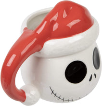 Load image into Gallery viewer, jack skellington head with santa hat on ceramic sculpted mug
