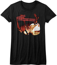 Load image into Gallery viewer, duran duran shirt with red carpet massacre album cover art and text that reads &quot;duran duran&#39;s red carpet massacre&quot;
