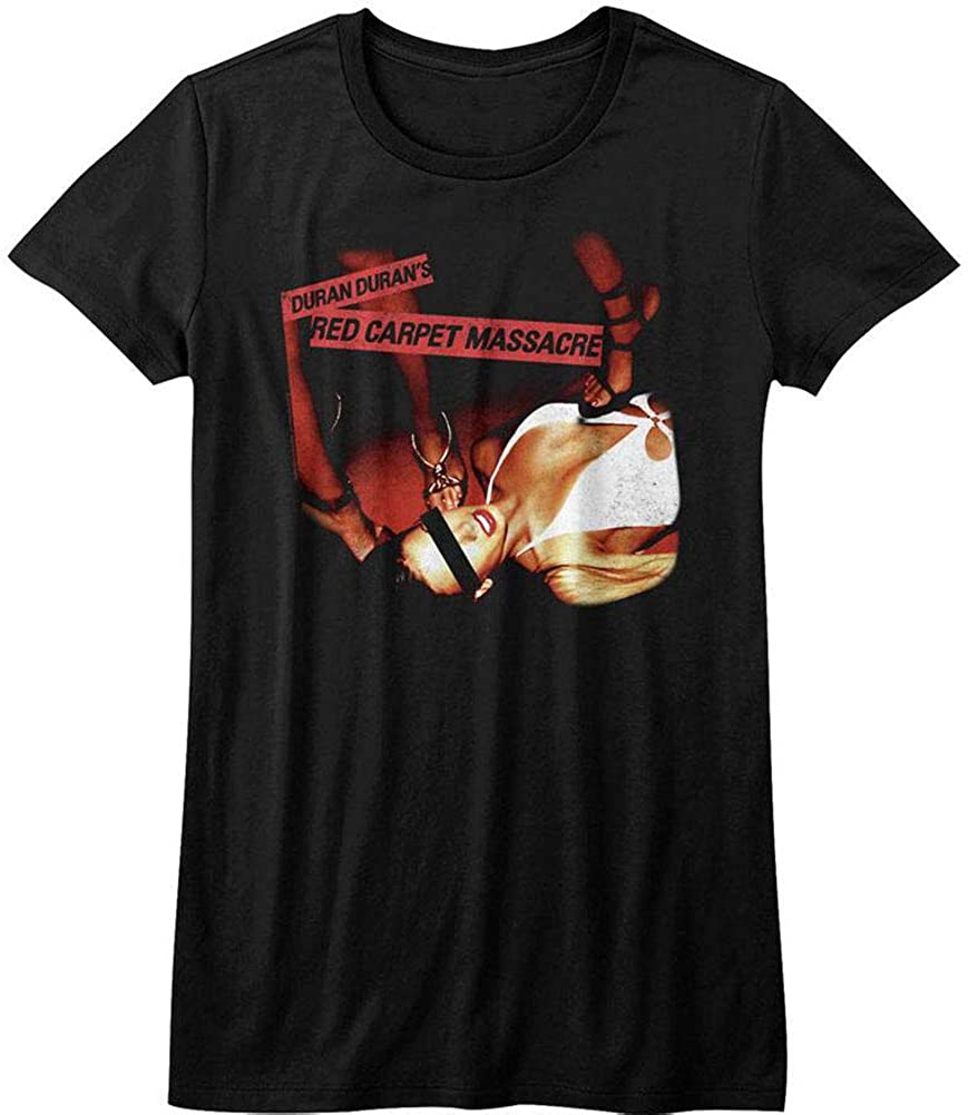 duran duran shirt with red carpet massacre album cover art and text that reads 