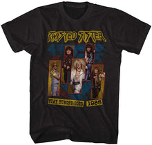 Load image into Gallery viewer, black band shirt with twisted sister logo and full band graphic with text that reads "stay hungry tour 1985"
