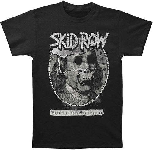 black band shirt with skid row logo and benjamin franklin skull graphic with text that reads 