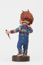 Load image into Gallery viewer, back of Head knocker bobble head of Chucky from Child&#39;s Play 2. Chucky has his right hand up, mouth open as if he is yelling, and in his left hand is clutching a knife. Chucky stands on a small round platform that reads &quot;CHUCKY&quot; in red letters on the front.
