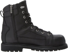 Load image into Gallery viewer, black leather ankle height boots with harley davidson metal emblem on side side view displaying side zipper
