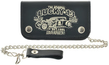 Load image into Gallery viewer, front of Black leather wallet with chain, leather clasp, and a fully embroidered patch of Lucky 13&#39;s &quot;Rat Rod&quot; design.
