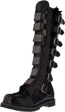Load image into Gallery viewer, outer view of Real black leather 1 1/2&#39;&#39; heel, 30 eyelet, knee high boot with steel toe, 7 metal plate straps on front and full inner side zipper.
