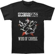 Load image into Gallery viewer, black scorpions band shirt with logo, dove graphic and text that reads &quot;scorpions wind of change&quot;
