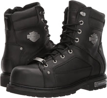 Load image into Gallery viewer, black leather ankle height boots with harley davidson metal emblem on side
