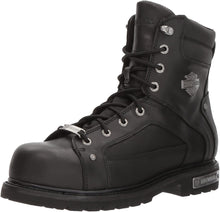 Load image into Gallery viewer, black leather ankle height boots with harley davidson metal emblem on side
