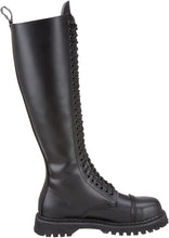 Load image into Gallery viewer, inner side view of Real black leather 1 1/4&quot; platform  20 eyelet combat biker goth steel toe Knee-high boot Full lace-up, no Zipper
