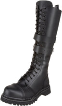 Load image into Gallery viewer, front outer view of Real black leather, 1 1/4&quot; heel knee-high steel toe boot with full inside zipper.
