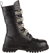 Load image into Gallery viewer, inner side view of real black leather mid-calf boot, full front lace-up, no zipper, features 4 silver pyramid studded adjustable straps that cover laces
