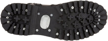Load image into Gallery viewer, bottom underneath sole view of Real black leather, 1 1/4&quot; heel knee-high steel toe boot with full inside zipper.
