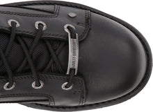 Load image into Gallery viewer, black leather ankle height boots with harley davidson metal emblem on side top view
