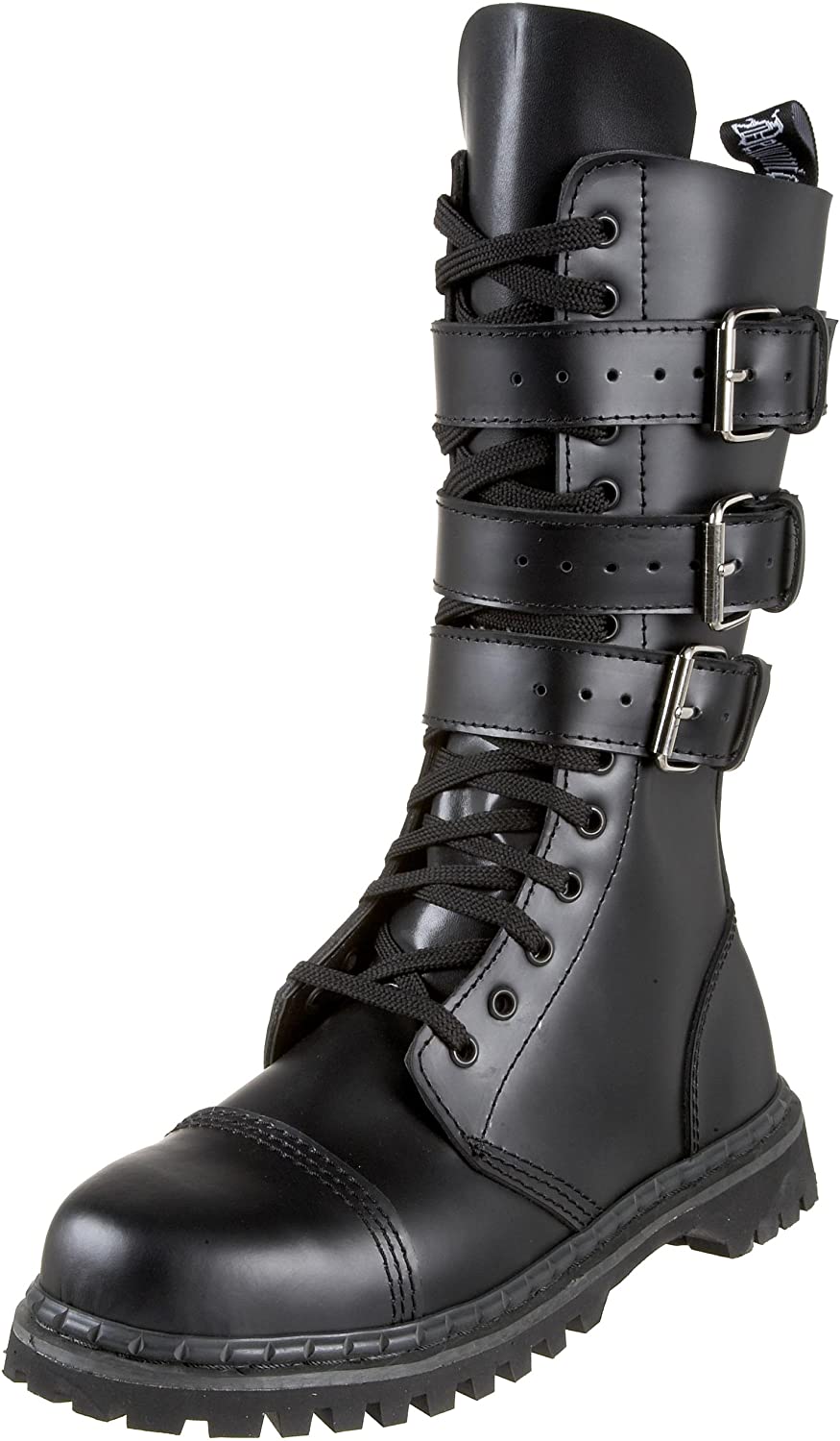 outer side view of Real black leather full front lace-up, no zipper mid-calf boot features 3 adjustable straps over top of laces